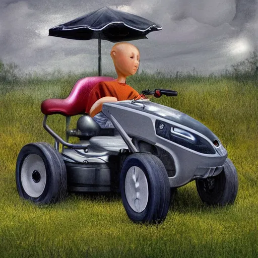 Image similar to a lawnmower car with a bed and computer screens inside, artstation hall of fame gallery, editors choice, #1 digital painting of all time, most beautiful image ever created, emotionally evocative, greatest art ever made, lifetime achievement magnum opus masterpiece, the most amazing breathtaking image with the deepest message ever painted, a thing of beauty beyond imagination or words