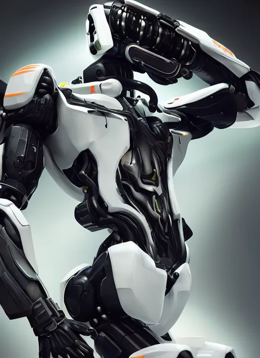 Image similar to a Photorealistic dramatic hyperrealistic full frame render of a Sleek futuristic exosuit Freedom Formula Racing Mech,Ultra realistic details,glossy white metal,Orange racing stripes,weathered surfaces,by Hidetaka Tenjin,Yoh Yoshinori,Yoji Shinkawa,Masamune Shirow,Beautiful dramatic dark moody tones and lighting,cinematic atmosphere,studio lighting,shadows,dark background, Octane render,8K