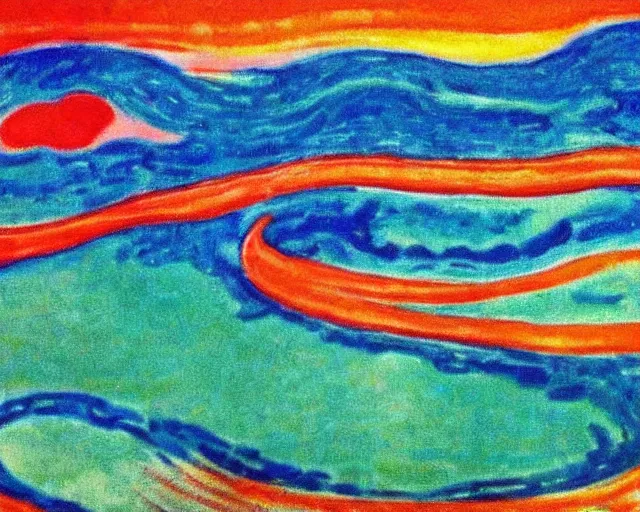 Image similar to Ocean waves in a psychedelic dream world. DMT. Curving rivers. Edvard Munch. Emil Nolde. Minimalist.