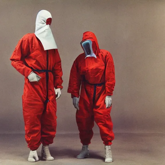 Prompt: two scientists wearing red rick owens hazmat suits escaping the tear in the space time continuum by frank frazetta