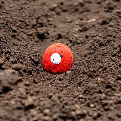 Prompt: photo of a ball of dirt with tiny legs, round blue eyes, a red clown nose, and a cute smile, creature made of dirt and soil