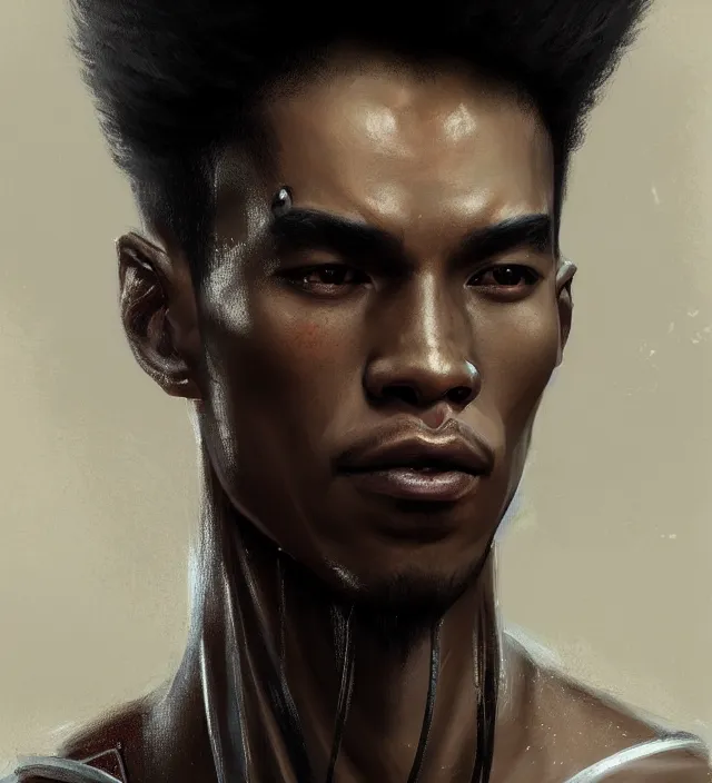 Image similar to portrait of a man by greg rutkowski, he is about 2 5 years old, mixture between afroamerican and japanese, afro hair, geisha tatoos, very tall and slender, he is wearing a futuristic police gear, highly detailed portrait, digital painting, artstation, concept art, smooth, sharp foccus illustration, artstation hq