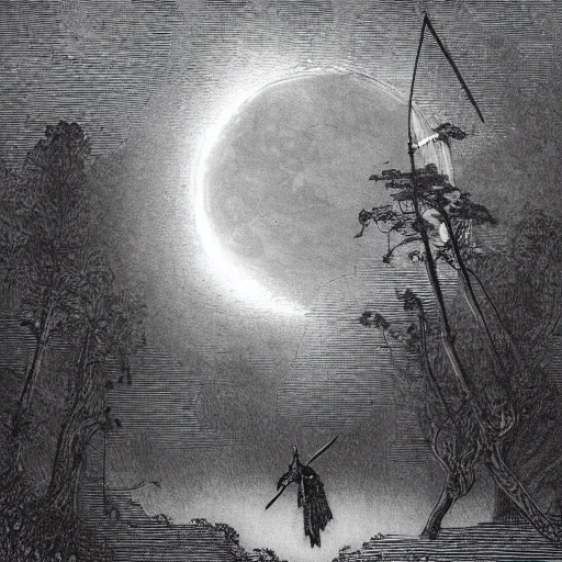 Prompt: silhouette, samurai wielding a sword, moon, forest, night, chiaoscuro, illustration by Gustave Doré