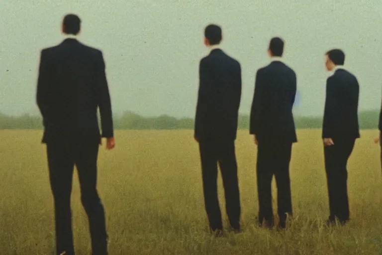 Image similar to 8 mm film still, blurry, grainy, liminal, unsettling, group of tall men in suits in a field at midnight, thunderstorm, dark