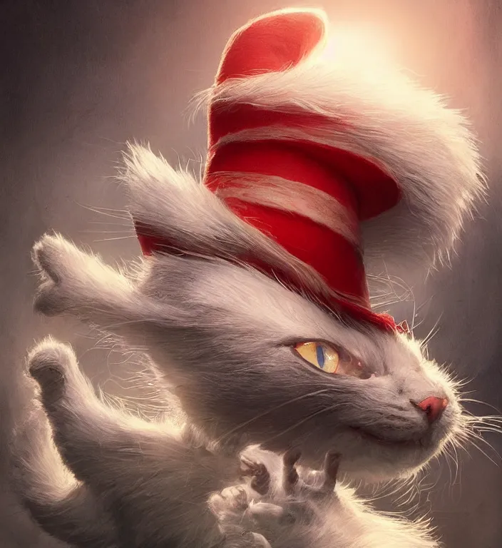 Image similar to complex 3 d render, hyper detailed, ultra sharp, of the cat in the hat, scary, cosmic horror, cinematic, natural soft light, rim light, art by greg rutkowski and artgerm and norman rockwell, dr seuss