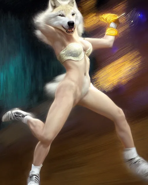 Image similar to a buff white female anthro wolf skating at a roller derby, 4 k, furaffinity, fursona, trending on artstation, energetic, speed, motion blur, by gaston bussiere, craig mullins, j. c. leyendecker, gustav klimt, artgerm, greg rutkowski, alphonse mucha