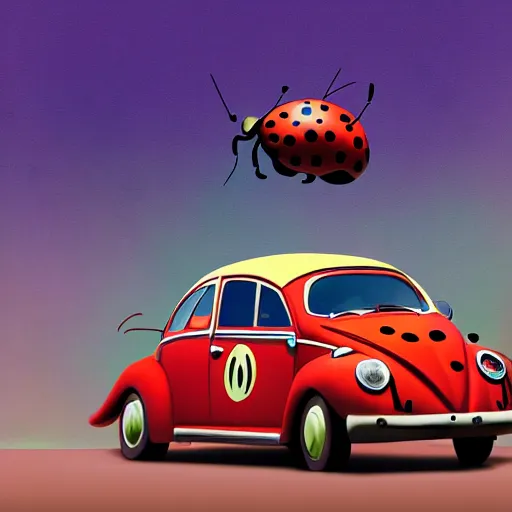 Image similar to a hybrid giant lady bug and'herbie the love bug'car, digital art, imax, 7 0 mm, movie still