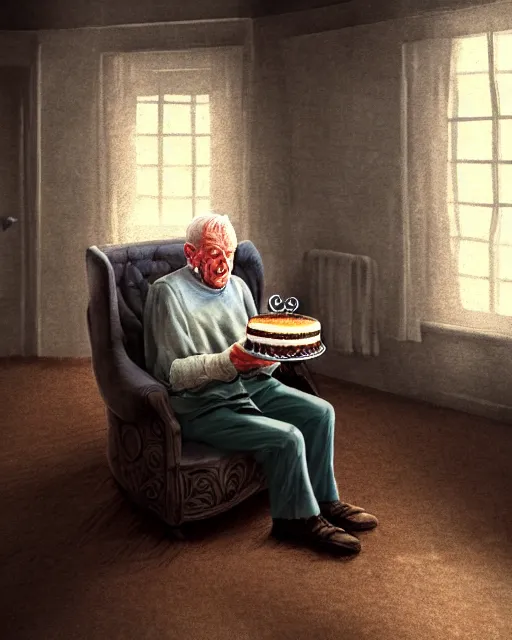 Prompt: old man sat eating cake and drinking a cup of tea in a large comfy chair in a padded cell, ultra realistic, concept art, intricate details, highly detailed