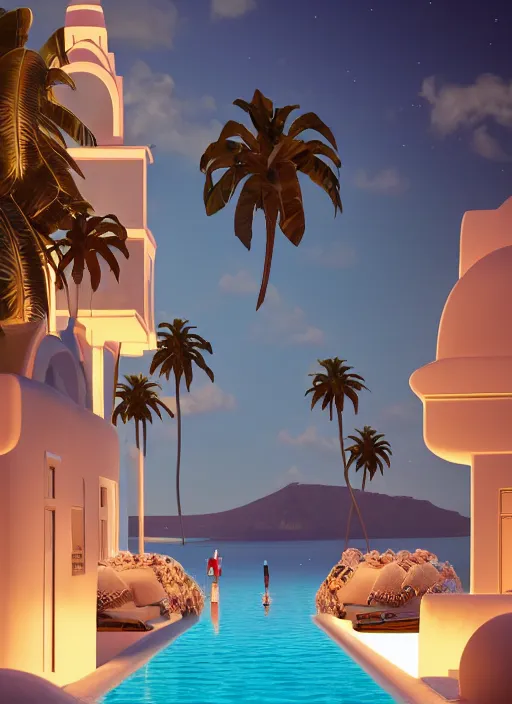 Prompt: 🌟🌜✈⛵, Art Deco, in SANTORINI island, palm trees, crystal clear neon water, starry night, Trending artstation, octane render, cgsociety, surrealist, cinematic, shadow of the tomb rider