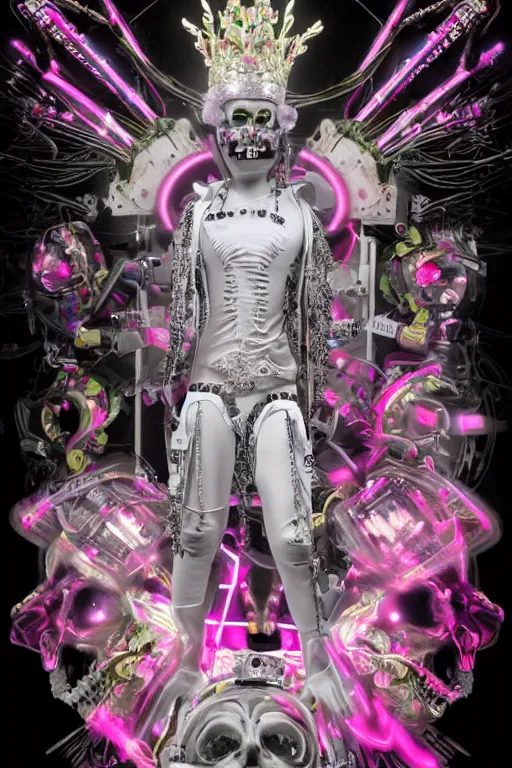 Image similar to full-body rococo and cyberpunk style neon statue of a young attractive mexicano macho chacal android reclining sim roupa con camote, glowing white laser eyes, prince crown of pink gears, diamonds, swirling silver-colored silk fabric. futuristic elements. full-length view. space robots. human skulls. intricate artwork by caravaggio. Trending on artstation, octane render, cinematic lighting from the right, hyper realism, octane render, 8k, depth of field, 3D