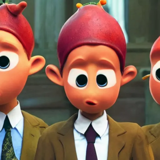 Image similar to men with pikmin heads wearing suits in james and the giant peach