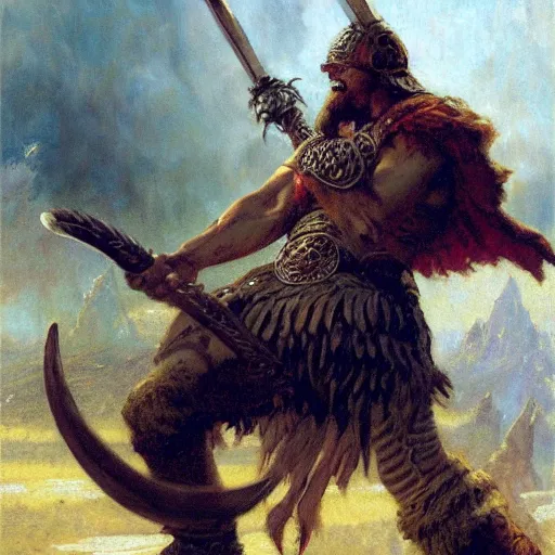 Prompt: viking berserker with a two - meter two - handed sword fighting a dragon, painting by gaston bussiere, craig mullins, j. c. leyendecker