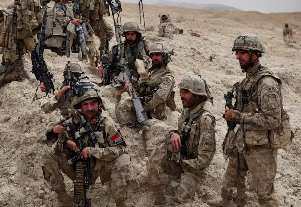 Image similar to fashion editorial in Afghanistan war battlefield. highly detailed.