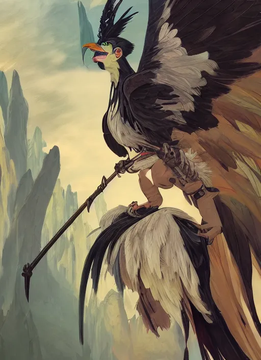 Prompt: concept art painting of a harpy bird person with black feathers, pirate clothes, detailed, realistic, cel shaded, in the style of makoto shinkai and james gurney and alphonse mucha and greg rutkowski and artgerm