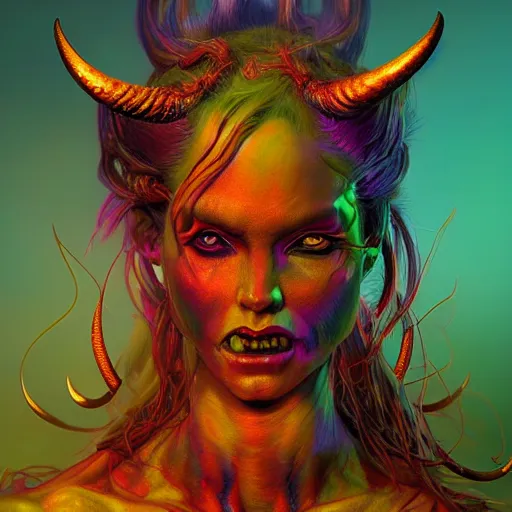 Image similar to Photorealistic demon goddess In the style of Michael Whelan. Hyperdetailed photorealism, 108 megapixels, amazing depth, glowing rich colors, powerful imagery, psychedelic Overtones, 3D finalrender, 3d shading, cinematic lighting, artstation concept art