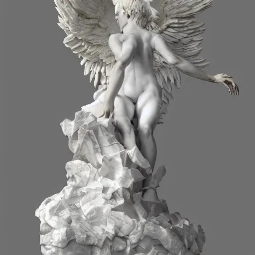 Image similar to realistic digital painting of a stunning intricate cracked white marble falling angel bernini sculpture, trailing white vapor, mycelium stands and misty xparticles neutral tone background, trending on artstation, hyperrealism, matte painting, subsurface scattering