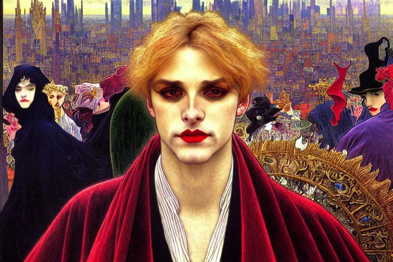 Prompt: realistic extremely detailed closeup portrait painting of an elegant blond male vampire in a cape, detailed crowded crowded city street on background by Jean Delville, Amano, Yves Tanguy, Ilya Repin, Alphonse Mucha, William Holman Hunt, Ernst Haeckel, Edward Robert Hughes, Roger Dean, rich moody colours