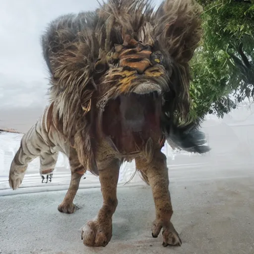 Image similar to mix of puma and jaguar and lion and tiger jumping over a cliff, giant cat monster, 8 k ultra realistic animal, detailed intricate fur, flame in the fur, full of colour, cinematic lighting, battered, trending on artstation, 4 k, hyperrealistic, focused, extreme details, unreal engine 5, cinematic, masterpiece, art by ayami kojima