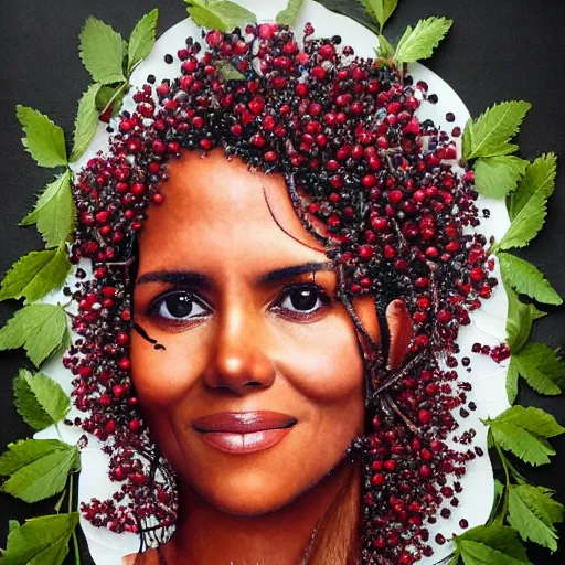 Image similar to a portrait made out of wild forrest berries of halle berry