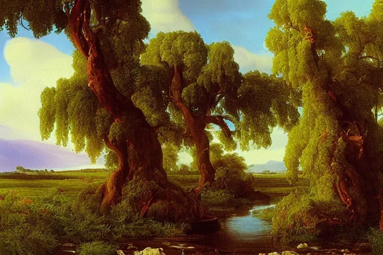 Prompt: painting of a old tree next to a meandering river by alexei savrasov and thomas cole