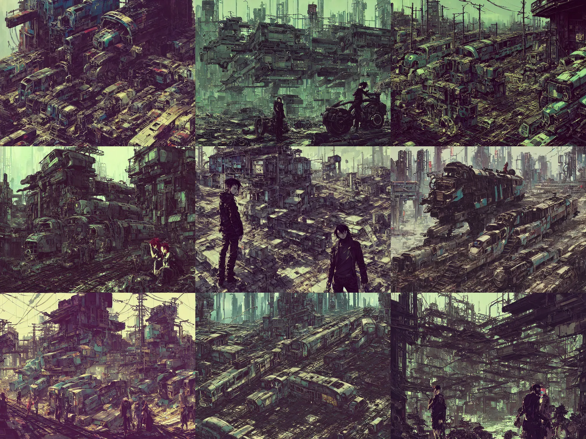 Prompt: hyper - realistic cyberpunk portrait of abandoned tokyo steam train graveyard, lots of signs, extreme detail, in style of yoji shinkawa, pan ren wei, col price, atey ghailan, by greg rutkowski, by greg tocchini, by james gilleard, by joe fenton, by kaethe butcher, grunge aesthetic