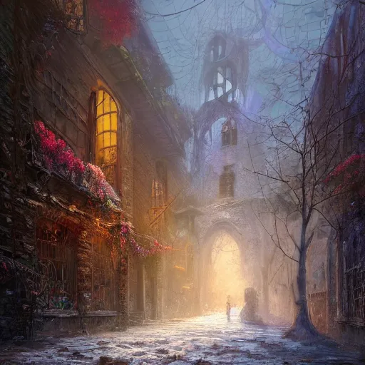 Prompt: the streets of an abandoned crumbling city overgrown by flowers and vines by Tyler Edlin and Jean Delville and John Aktinson Grimshaw and Robert Hubert, german romanticism style, oil on canvas, cinematic lighting, vibrant, hdr, concept art, snow reflections