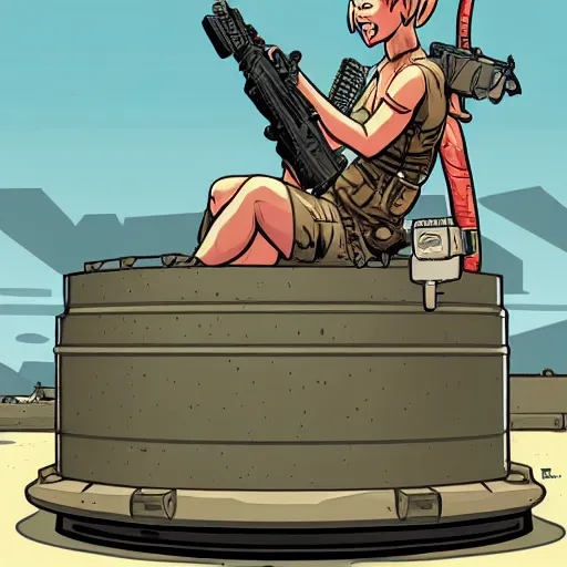 Image similar to tank girl sitting alone on top of the tank, holding a granite luncher. smiling. laurie greasley,