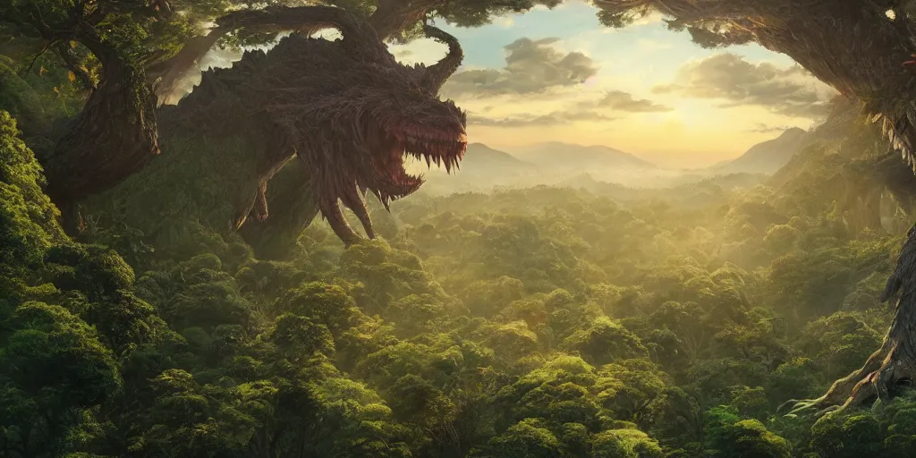 Prompt: close up of a giant monster rising from a forest. view from tree tops, 4 k, artgerm, high detail, dramatic lighting, sunset, hayao miyazaki, masashi ando, nizou yamamoto, kazuo oga, joe hisaishi, yoji takeshige, naoya tanaka