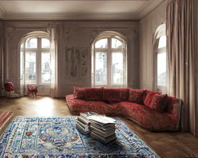 Prompt: a beautiful open space apartment with persian rugs and antique furniture designed by mark mills and nathaniel owings, interior design, architecture, key lighting, soft lights, by steve hanks, by edgar maxence, by caravaggio, by michael whelan, by delacroix, by serov valentin, by tarkovsky, 8 k render, detailed, oil on canvas