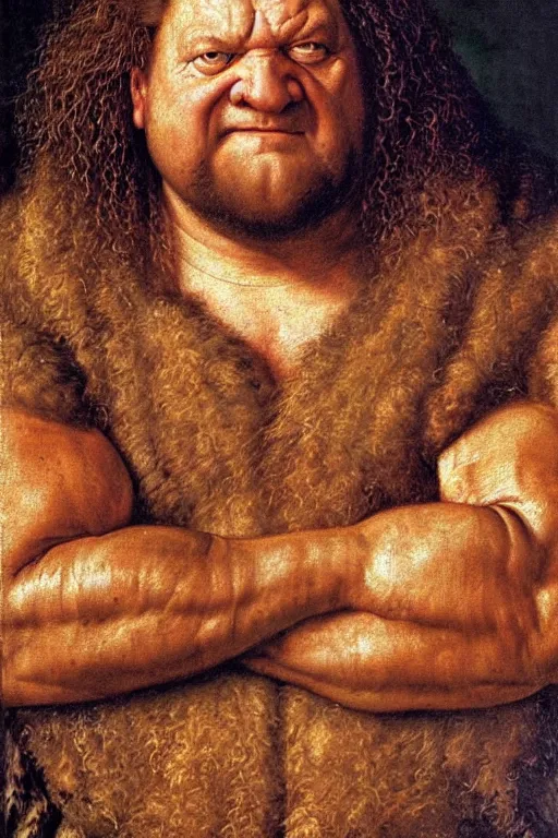 Image similar to portrait of hulking herculean bodybuilder hagrid, oil painting by jan van eyck, northern renaissance art, oil on canvas, wet - on - wet technique, realistic, expressive emotions, intricate textures, illusionistic detail