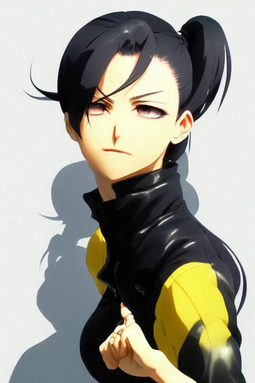 Image similar to black ponytail hair, pale woman in a black zipper jacket, yellow eyes, by artgerm, hair tied in a ponytail, white backdrop, soft lighting, fighting pose, dynamic angle, by greg rutkowski makoto shinkai takashi takeuchi