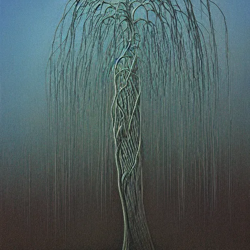 Image similar to willow tree by Zdzisław Beksiński, oil on canvas