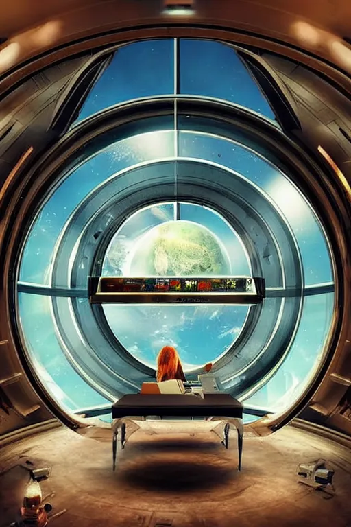 Image similar to Inside a room alien spaceship with large window that provide a scenic view of a huge planet can be seen in the background, Highly detailed labeled, poster, aesthetic, haeccety