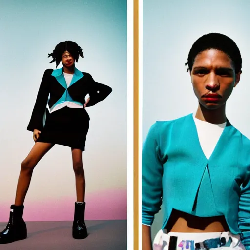 Image similar to realistic photoshooting for a new prada lookbook, color film photography, photo of a woman, photo in style of tyler mitchell, 3 5 mm