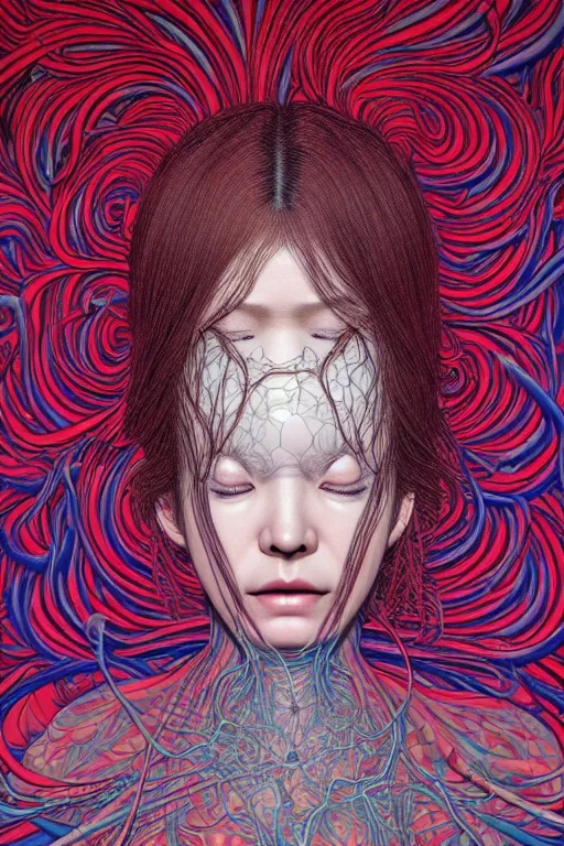 Image similar to realistic detailed image of a woman in a stray jacket laying in a padded room, conjuring psychedelic background, part by takato yamamoto, part by alex gray, ross tran, james jean, ultra realistic, octane render, highly detailed, very cohesive, 8 k, trending on artstation, cosmic, masterpiece