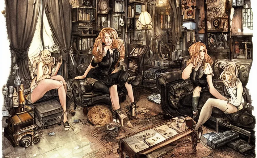 Prompt: women in the interior of a steampunk apartment, Milo Manara, night time, Margot Robbie, Scarlett Johanson, zoey Deschannel, smoking cigarettes, playing board games, highly detailed, pencil and watercolor, Tarantino movie posters, melancholy, level design, concept art, artstation, cgsociety, zenith view