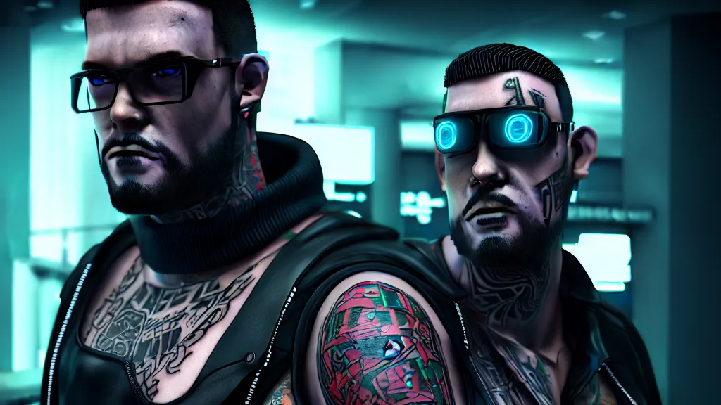 Image similar to Cyberpunk Benny the Bouncer, Tattoo on the neck, 4K symmetrical portrait, character concept art, hyper quality, future Doctrine, secret organization, 4k post-processing, moody lighting, rendered by octane engine