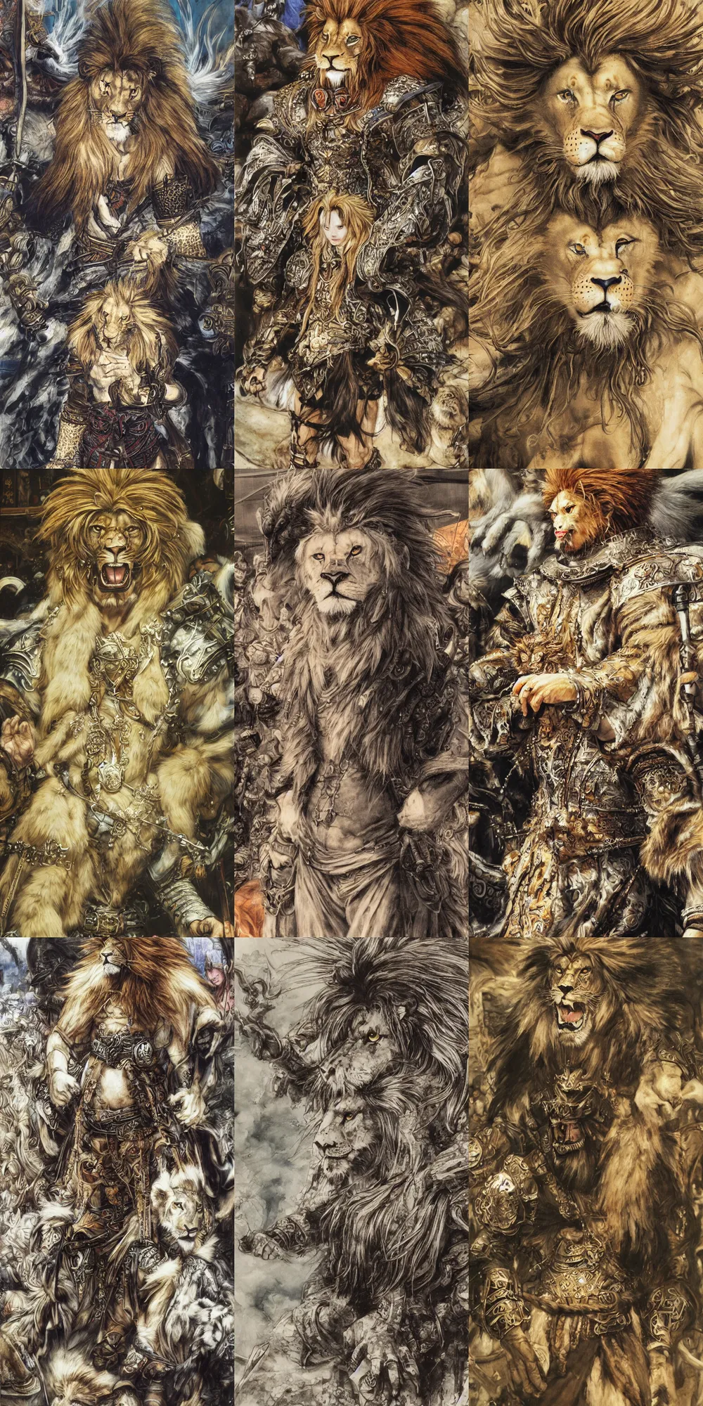 Image similar to 8 k yoshitaka amano painting of upper body of a young cool looking lion beastman with white mane at a medieval market at windy day. depth of field. he is wearing complex fantasy clothing. he has huge paws. renaissance style lighting.