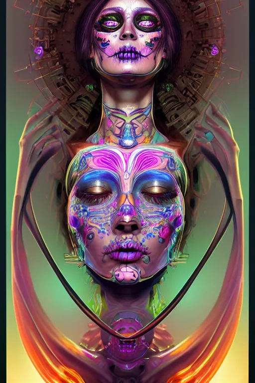 Image similar to ultra detailed female android deity, eyes closed, 8 k, flowerpunk, psychedelic vector art!!!, digital painting, sci - fi, fantasy, ( dia de los muertos ), asymmetrical,!! concept art, art by artgerm and giger and michael welan and alphonse mucha and loish and wlop