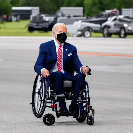 Image similar to still image of joe biden sitting in a turbo boosted wheelchair with a jet engine, 8 k photo