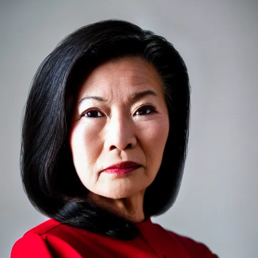 Prompt: an extreme close up portrait photograph by annie leibovitz depicting a beautiful and severe looking asian businesswoman in her 5 0's wearing a red suit. she stares intently into the distance. subsurface scatter, portrait photograph, highly detailed, 4 k, dslr 5 0 mm f / 2 iso 2 0 0, sci fi, bladerunner 2 0 4 9