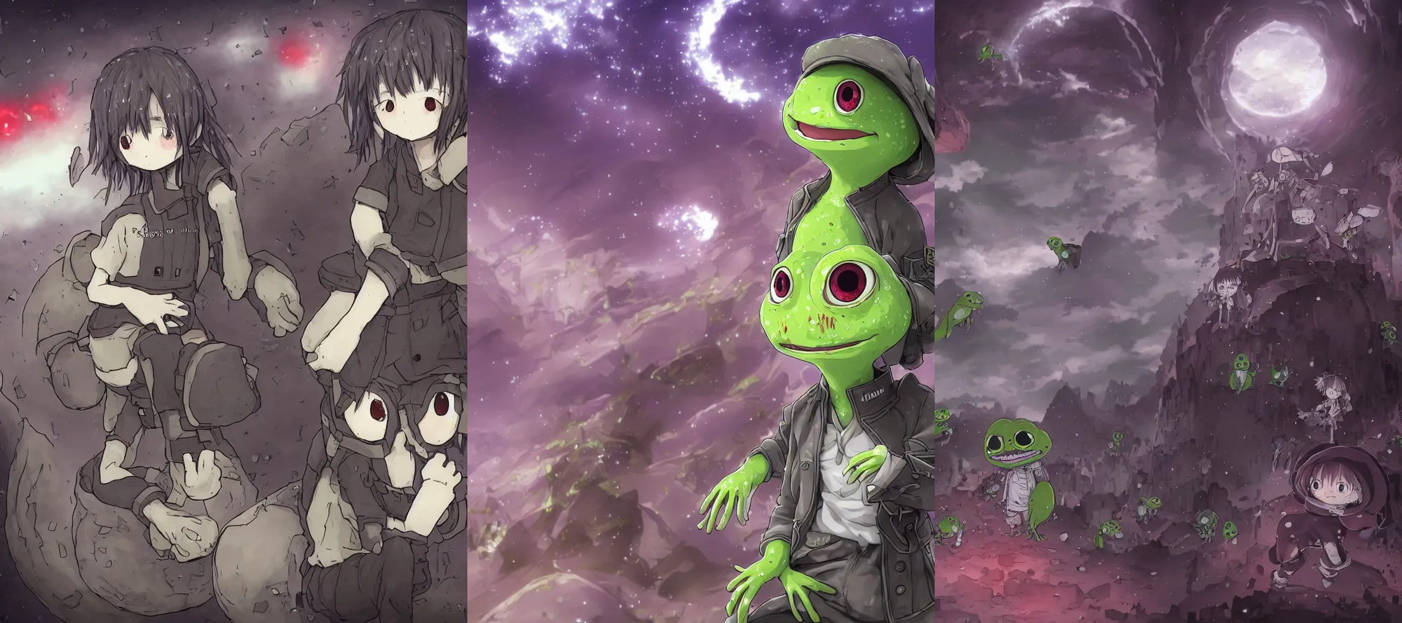 Prompt: resolution 4k worlds of loss and depression made in abyss design Akihito Tsukushi design body pepe the frogs group of them a bloody conflict body horror curse of the abyss war , battlefield darkness military drummer boy pepe , desolated city the sky is filled with red halos over each of their heads dragon, pepe ivory dream like storybooks, fractals , pepe the frogs at war, art in the style of and Oleg Vdovenko and Akihito Tsukushi
