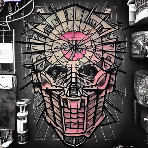 Image similar to cyberpunk hellraiser room of a tattoo artist in the futur dark