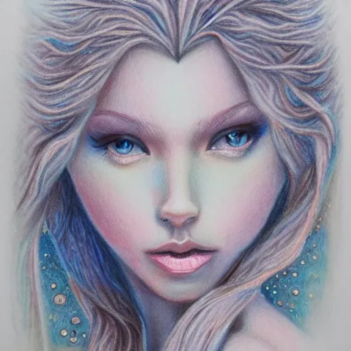 Image similar to Colored pencil art on paper, Frost Fairy, highly detailed, artstation, Caran d'Ache Luminance