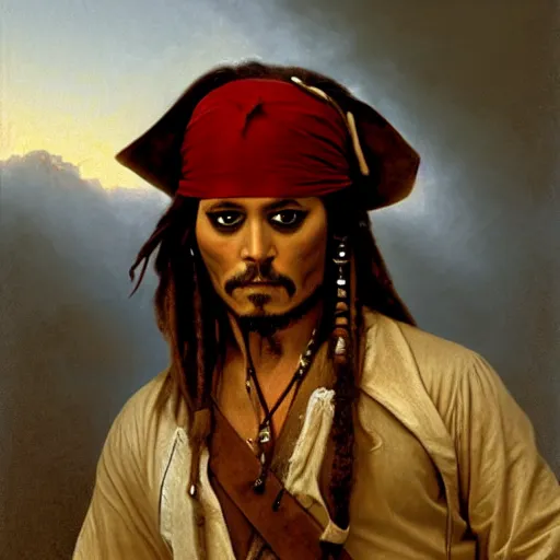 Image similar to Painting of Jack Sparrow. Art by William Adolphe Bouguereau. During golden hour. Extremely detailed. Beautiful. 4K. Award winning.