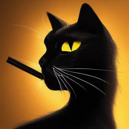 Image similar to a portrait of a black cat smoking a cigarette, fantasy, intricate, cinematic lighting, highly detailed, digital painting, artstation, concept art, smooth, sharp focus, illustration