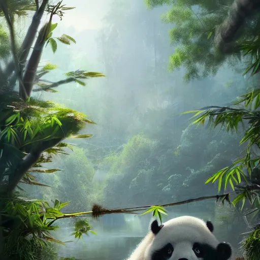 Image similar to world of pandas, bamboos, magical world, by greg rutkowski, sung choi, photo realistic, 8 k, cinematic lighting, hd, atmospheric, hyperdetailed, trending on artstation, devainart, digital painting, glow effect