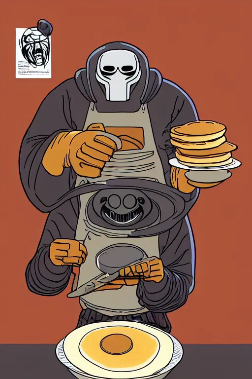 Image similar to mf doom making pancakes, animation pixar style, by pendleton ward, magali villeneuve, artgerm, rob rey and kentaro miura style, golden ratio, trending on art station