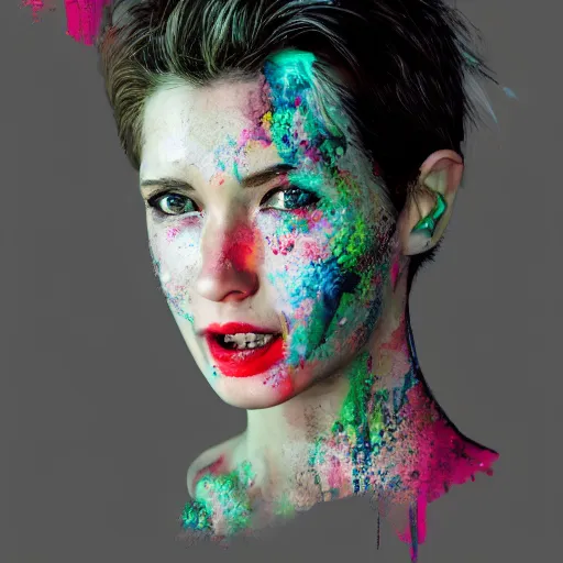 Image similar to women portrait made out of exploding paint, short hair, octane render, highly detailed, comic book art