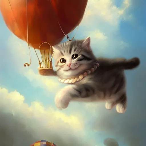 Image similar to a cute cat flying an air balloon , matte fantasy painting, DeviantArt Artstation, by Jason Felix by Steve Argyle by Tyler Jacobson by Peter Mohrbacher